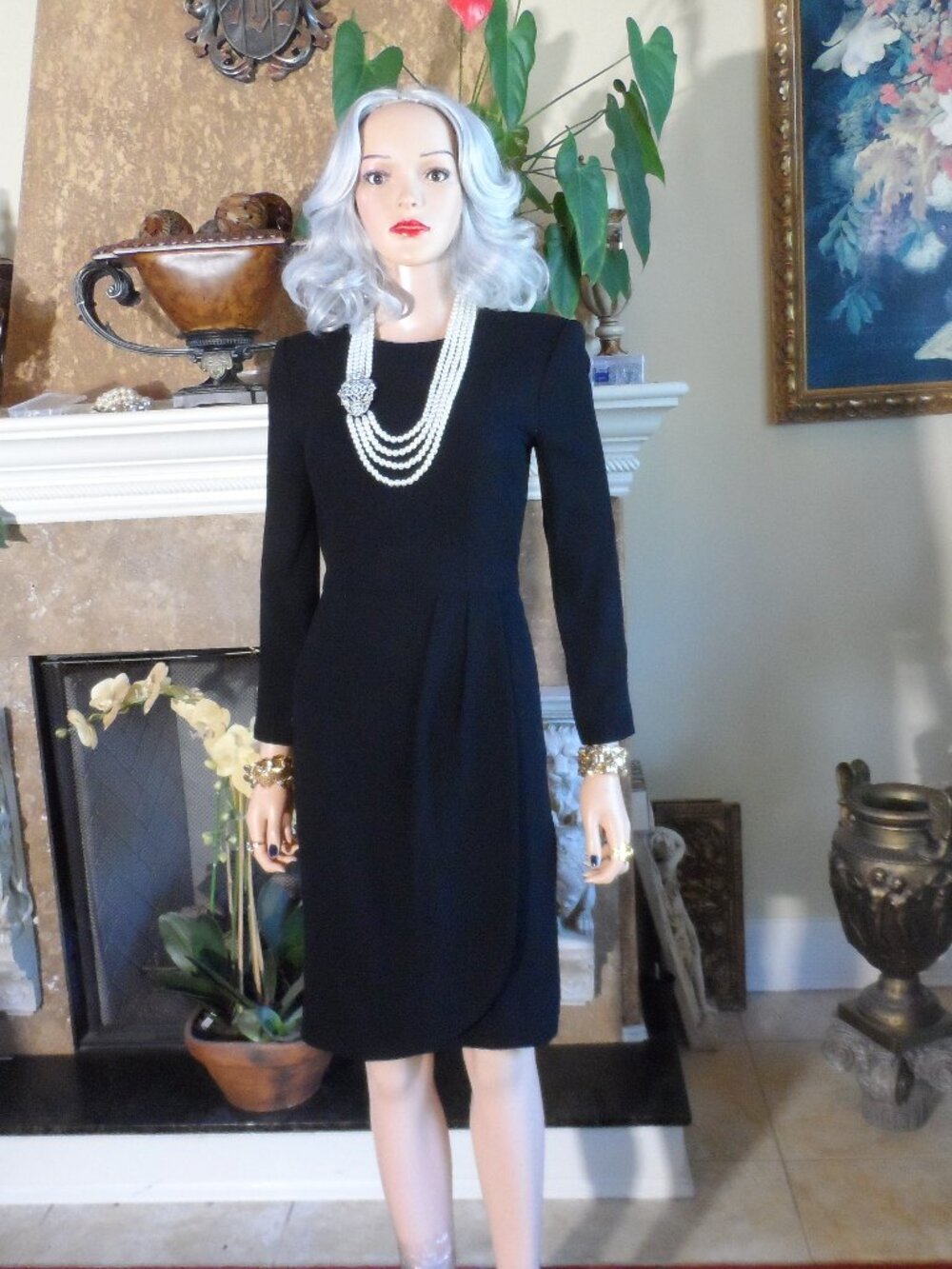 Givenchy Hi-Formal Black Wool Long Sleeve Pleated Dress Size 10